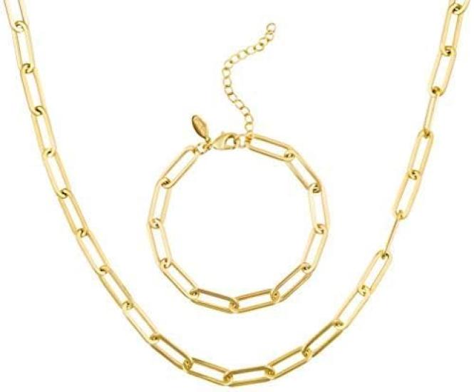 Paperclip Chain Necklace for Women, Paperclip Bracelet Set, Gold Chain Link Necklace for Women, 14K Gold Chain Necklace and Bracelet, Thick Gold