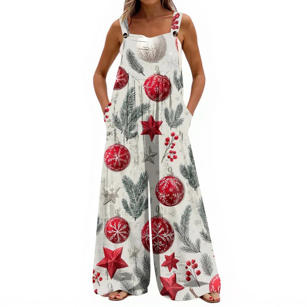 Women's Christmas Print Solid Wide Leg Strapless Tank Pocket Casual Onesie