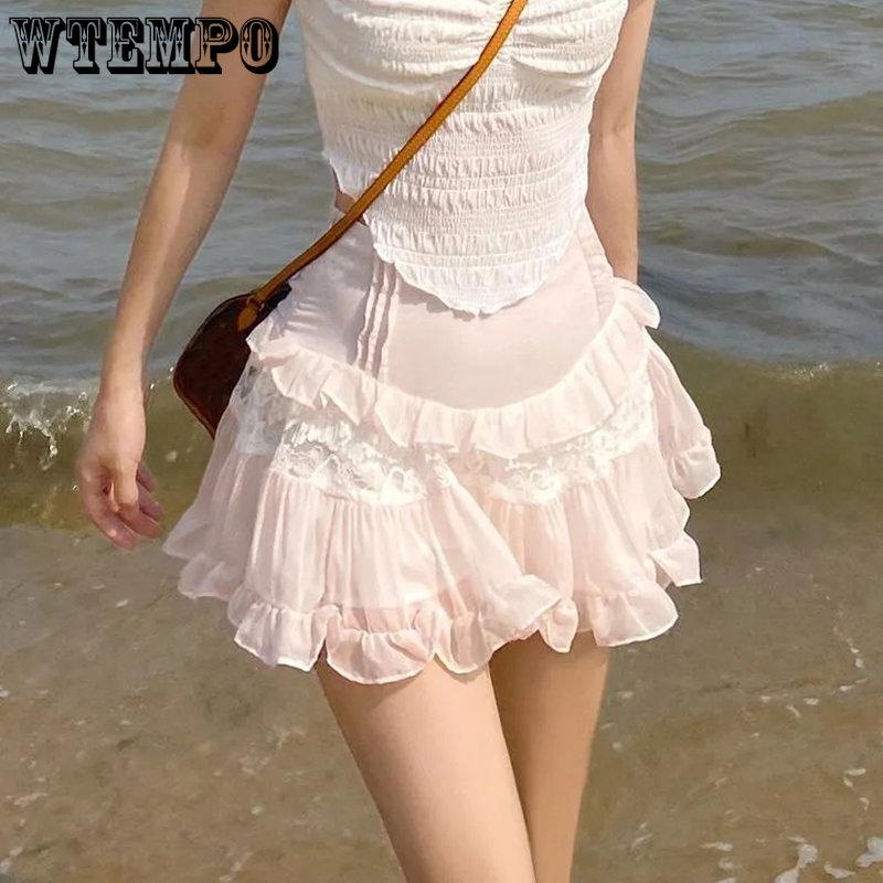 

WTEMPO розовая японская милая мини-юбка Kawaii, женские кружевные корейские милые юбки, женские летние тонкие однотонные юбки феи в стиле Лолиты
