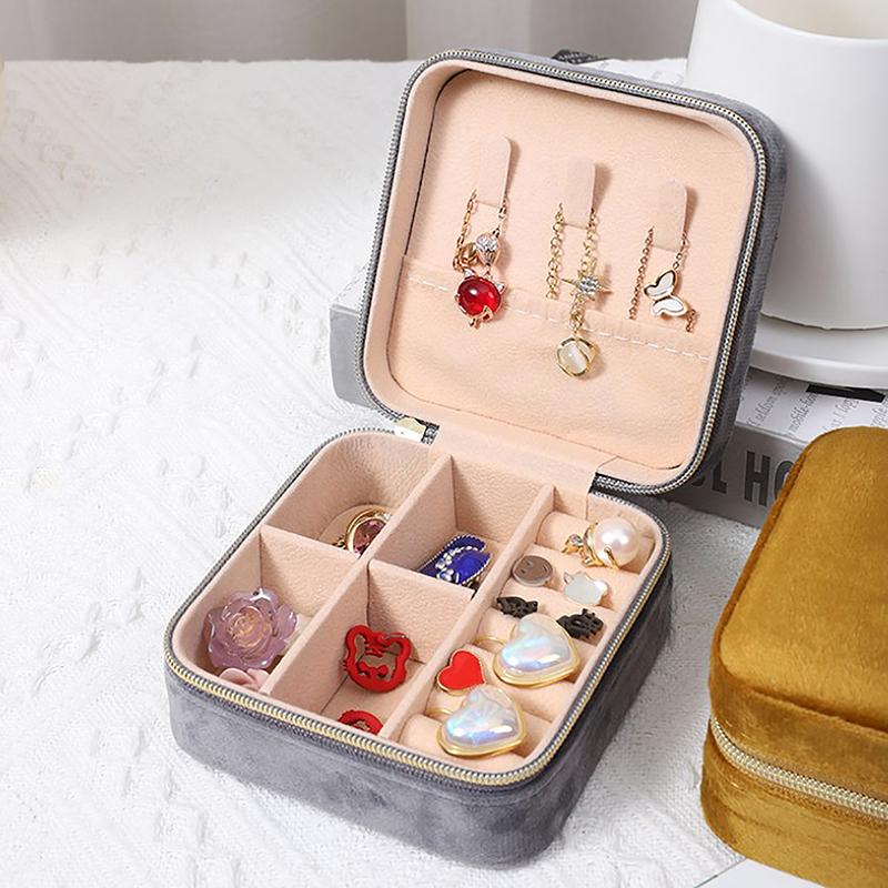 Velvet Jewelry Box Travel Portable Flannel Square Zipper Style Jewellery Storage Case  Gift Holder Ring Earring Holder