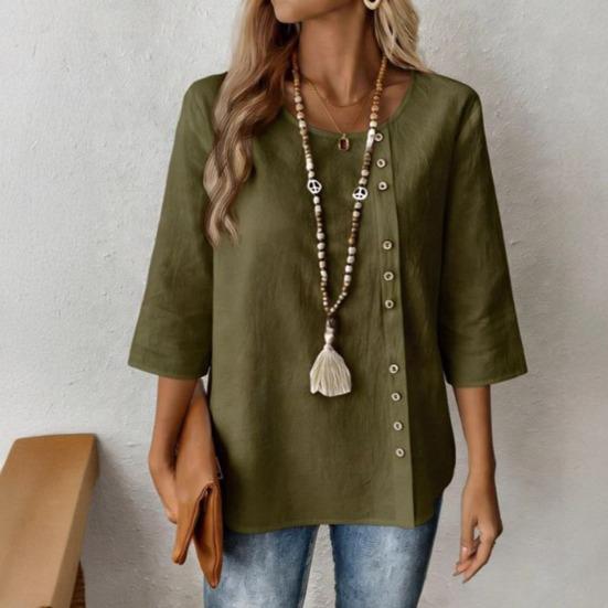 Damen T-Shirt Rundhals Halbarm Lockerer Schnitt Pullover Oberteile Einfarbige Knöpfe Dekoration Sommer Lässige Oberteile Tägliche Kleidung