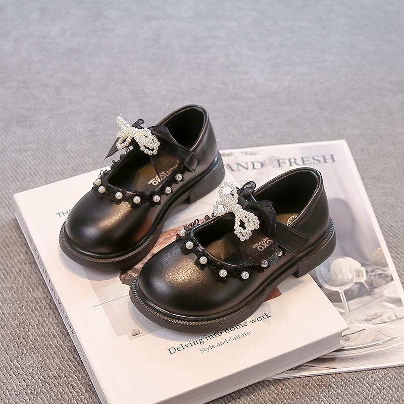 Girls princess leather shoes 2025 spring and autumn new children's foreign soft-soled single shoes pearl bow girls performance shoes