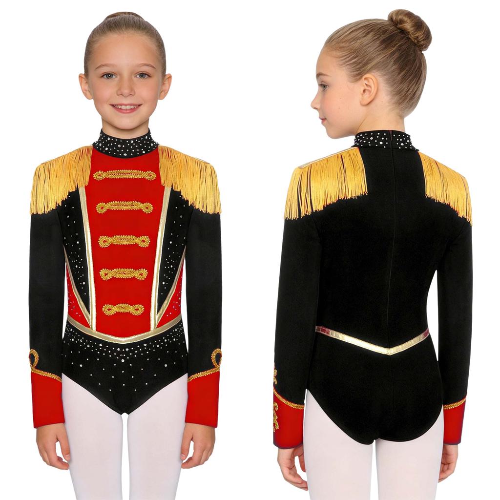 Children‘s Circus Themed Leotard Sparkly Rhinestones Long Sleeve Tassel Shoulder Pads Contrast Color Bodysuit for Stage Performance