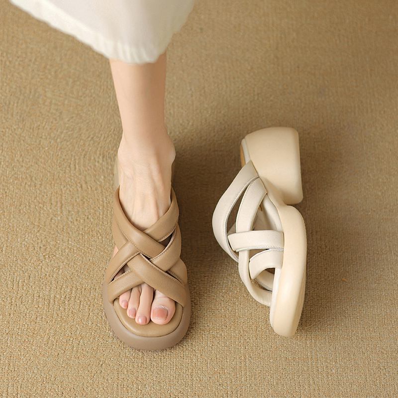 Krazing Pot Schaffell Pantoletten Peep Toe Blockabsätze Sommerschuhe Europäisches Design Plateau Wasserdicht Damen Sandalen