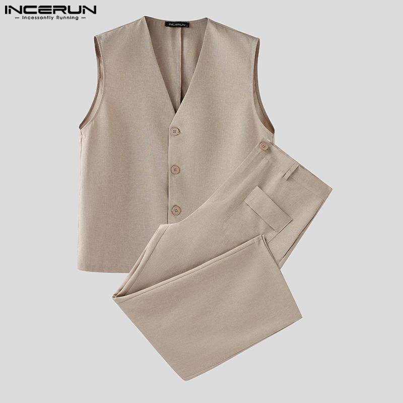 INCERUN Men Sleeveless V Neck Buttons Up Waistcoat and Long Pants Outfits Sets