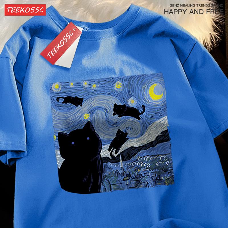 Oil Painting The Starry Cat Night Tshirt Men Women Casual Breathable Summer Tshirts Oversized Loose T Shirt Cotton Clothing