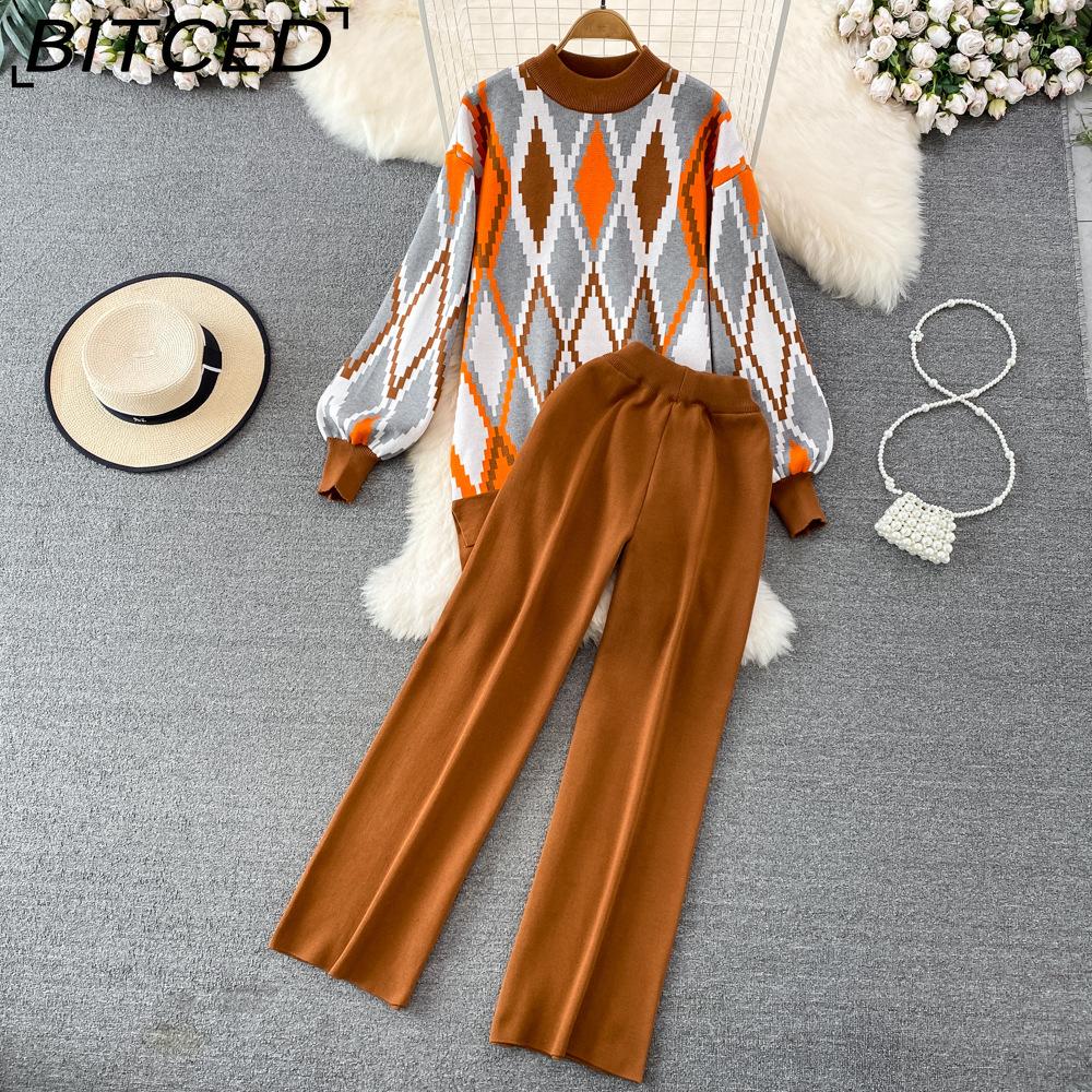 BITCED Conjunto de Moda para Mujer Otoño Invierno Suéter Holgado de Manga Larga a Cuadros Conjunto de Dos Piezas Pantalones de Punto Rectos de Pierna Ancha Adelgazantes de Cintura Alta