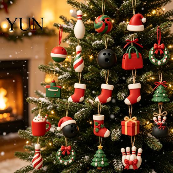 Reusable Acrylic Pendant Set Christmas Advent Calendar with 24 Pendants, 2D Flat Bowling Theme Durable Double Sided Printed Ornaments Hanging