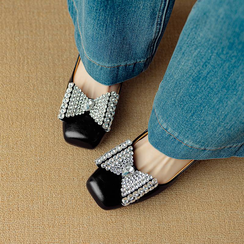 Krazing Pot Cow Skin Summer Size 40 Med Heels Crystal Butterfly-knot Decoration Square Toe Diamond Heels Gladiator Pumps