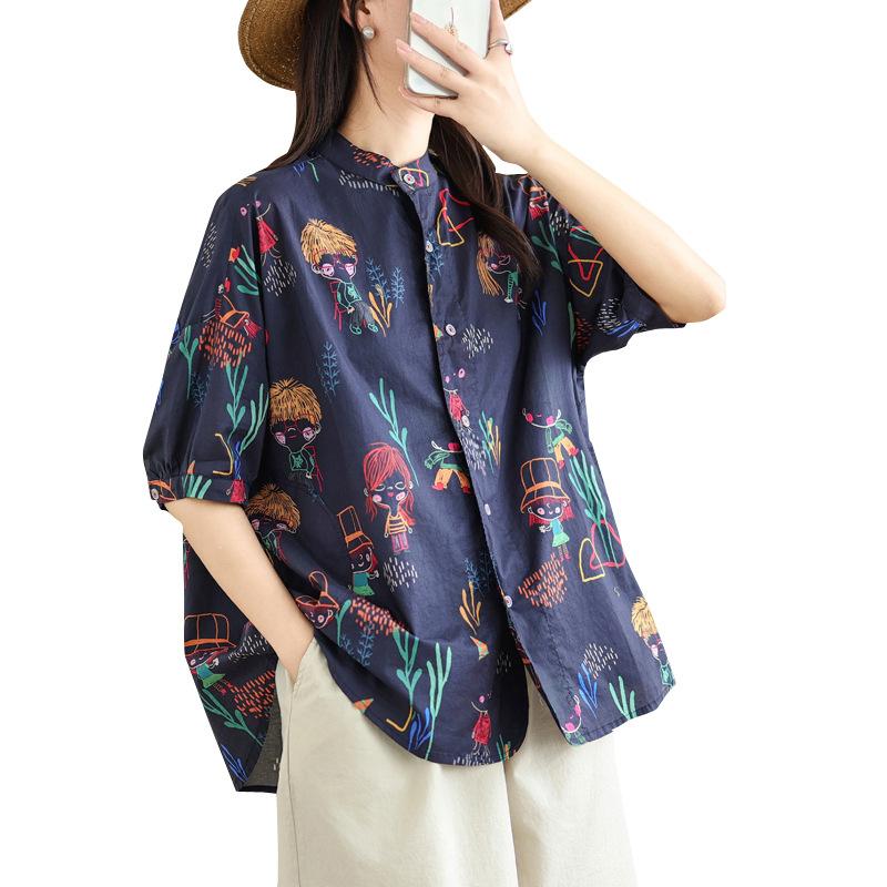 Summer new Japanese literary and artistic small fresh stand-up collar fun printing loose casual short-sleeved shirt blouse