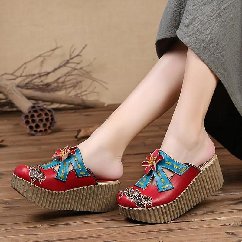 Fashion GKTINOO 2025 Summer Shoes Women Wedge Slides Cover Toes Handmade Flower Thick Heels Genuine Leather Lady Platform Slippers