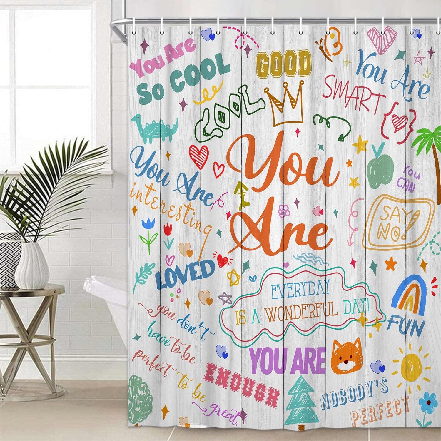 

Kids Nspirational Quotes Shower Curtain, Funny Colorful Wood Planks Words Shower Curtain Set For College Dorm Bathroom, W60H190(CM)-1 Pcs