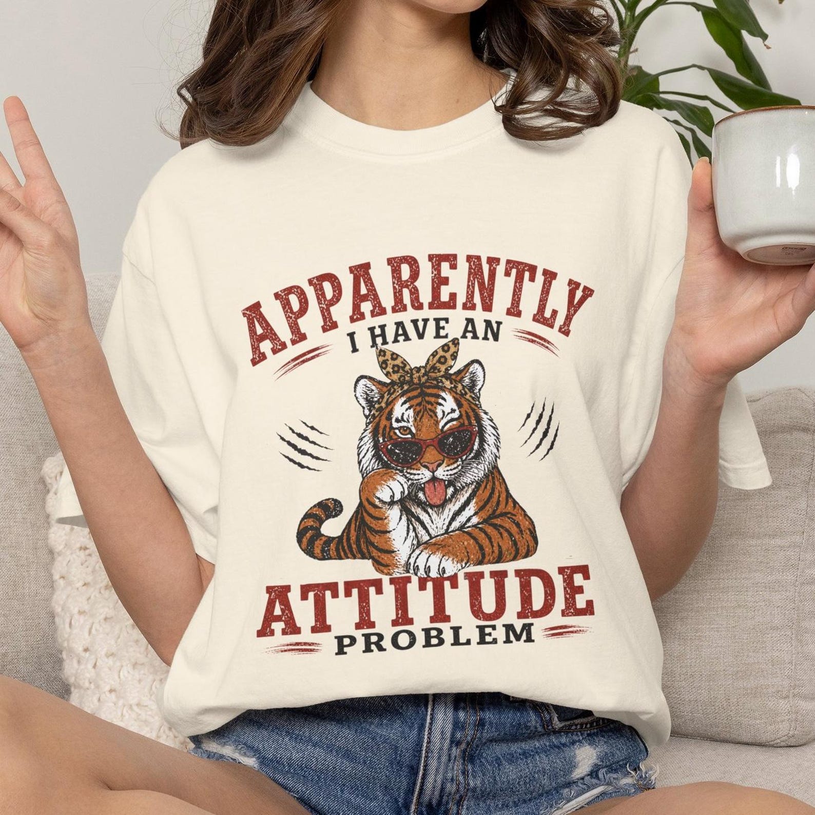 Apparently I Have An Attitude Problem Shirt, Funny Sassy Tiger Graphic Tee, Sarcastic Womens Graphic Tee Tee L