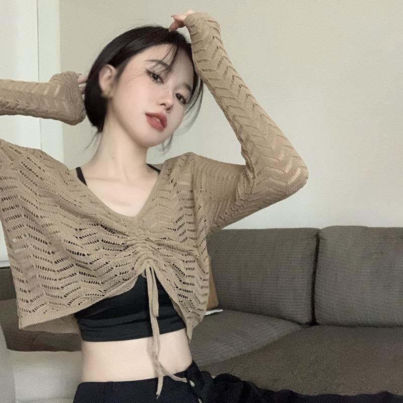 Sun Protection Shirt Top Blouse Pullovers Long Sleeve Drawstring Women's Knitted Tops