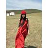 Xinjiang Western Sichuan Skirt Red Sleeveless Halterneck Dress Women's Summer Resort Style Loose Long Skirt