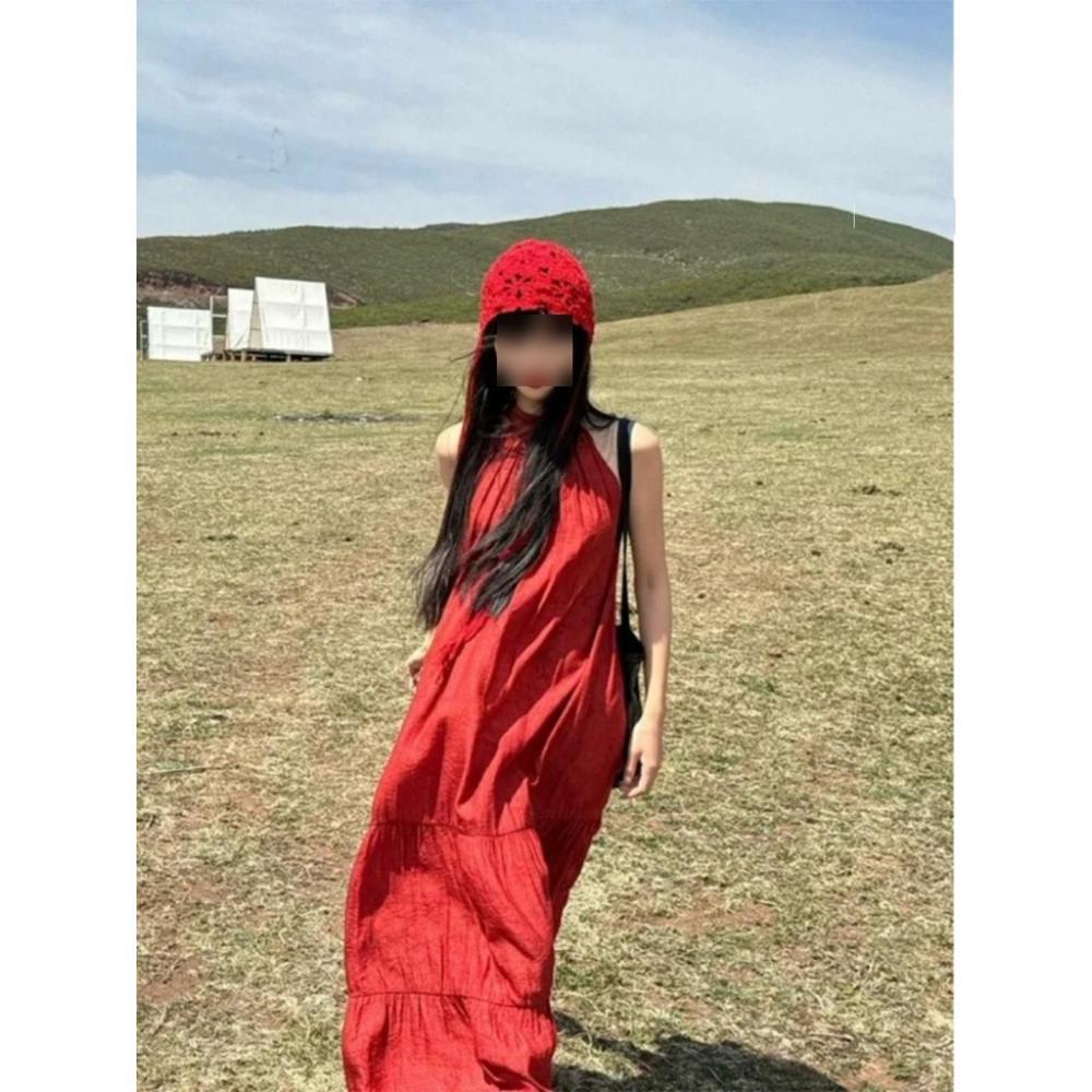 Xinjiang Western Sichuan Skirt Red Sleeveless Halterneck Dress Women's Summer Resort Style Loose Long Skirt