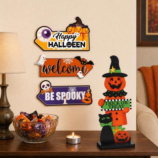 Happy Halloween Door Sign, Spooky Skull Ghost Pumpkin Bat Front Door Hanger, Rustic Wooden Wall Hanging Decor for Home Room Indoor Outdoor Party
