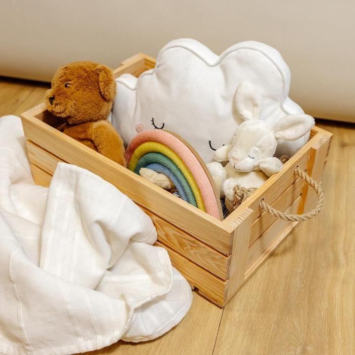 Boîte de rangement - CREATIVE DECO - Caisse en Bois Noël Naturel - 42 x 29 x 16 cm - Poignées en Corde de Jute