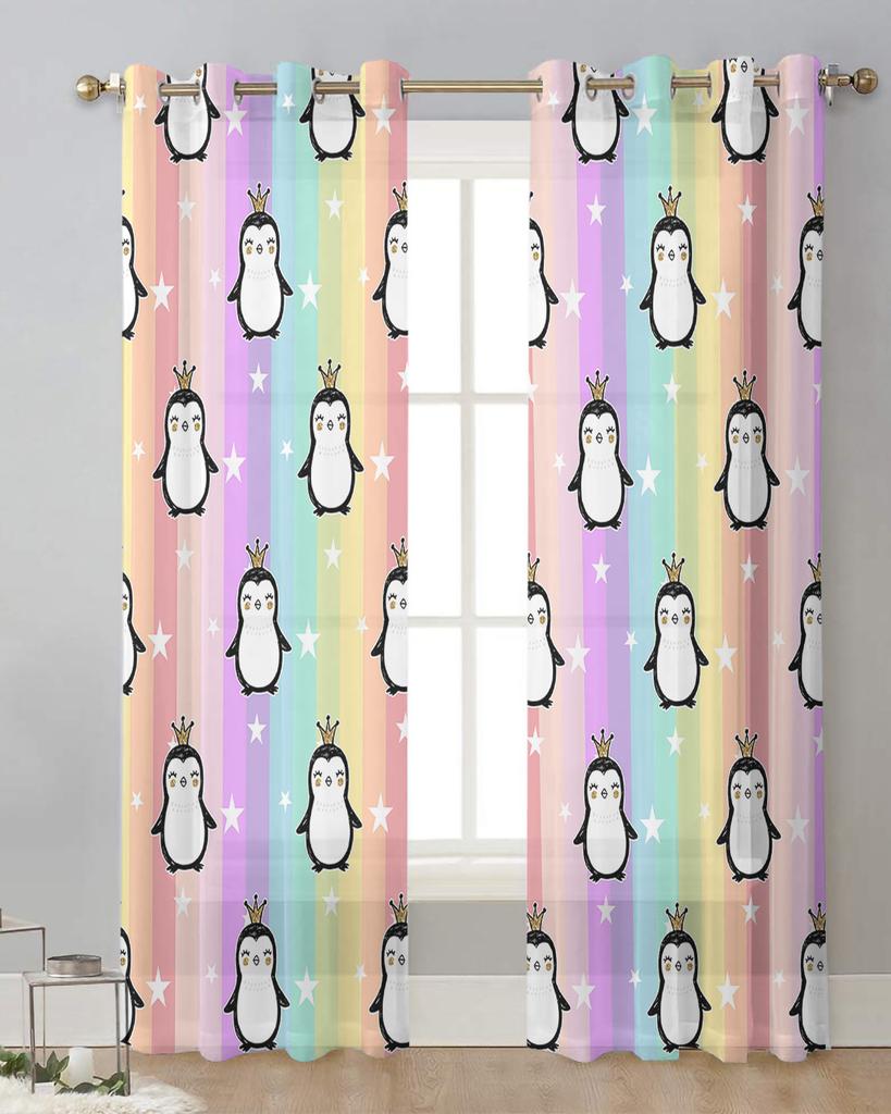 Cartoon Animal Penguin Stars Rainbow Stripes Sheer Curtains for Living Room Decor Window Curtains Kitchen Tulle Voile Curtains