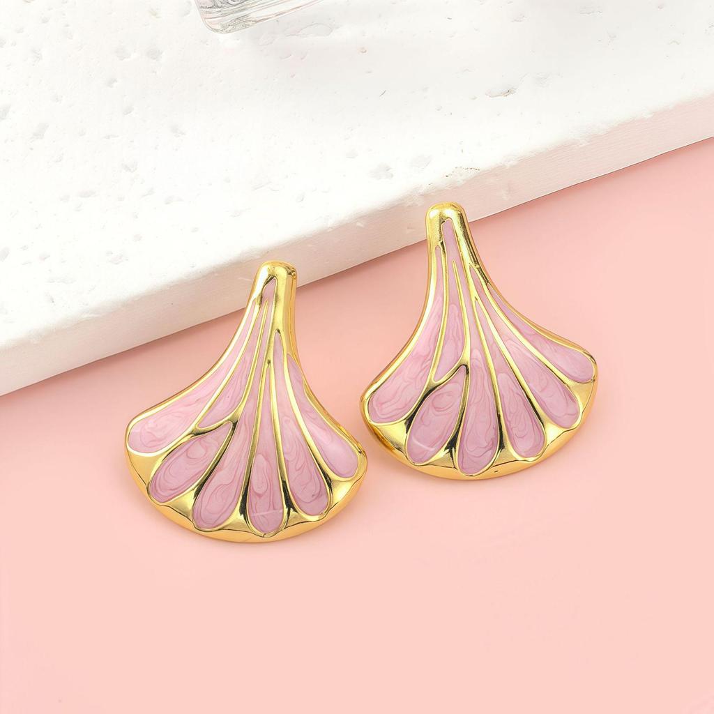 Gold Plated Ginkgo Leaf Fan Earrings, Stainless Steel Tassel Studs for Women