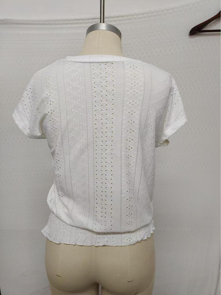 2025 Spring/Summer V-Neck Jacquard Cutout Ruched Short-Sleeve Women's Casual Fashion Top