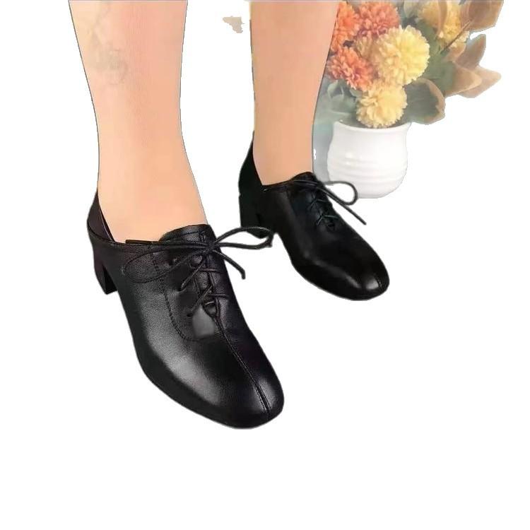 Soft leather women's shoes 2025 new autumn single shoes thick heel lace-up black leather shoes work shoes soft sole soft leather mother shoes
