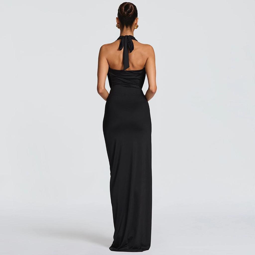 2026 Spring Women's Sexy Deep V-Neck Halter Backless Slit Pleated Bodycon Dress