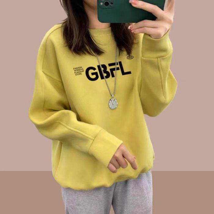 Women's 2024 Cotton Crew Neck Sweatshirt: Thin, Fleece-Lined Loose Pullover for Spring and Autumn.
