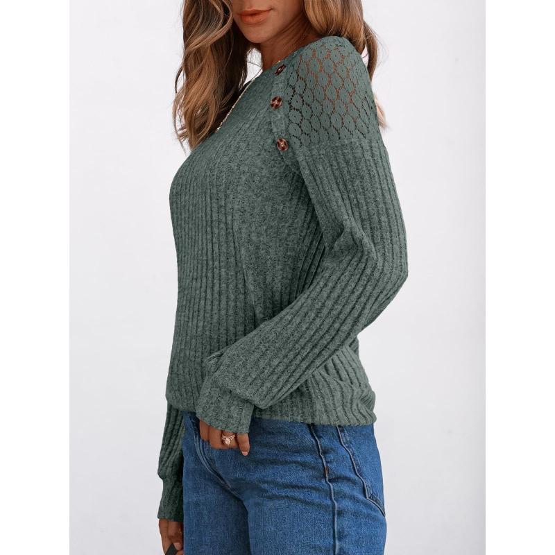 Women's Round Neck Solid Color Hollow Button Long Sleeved Casual Patchwork Top