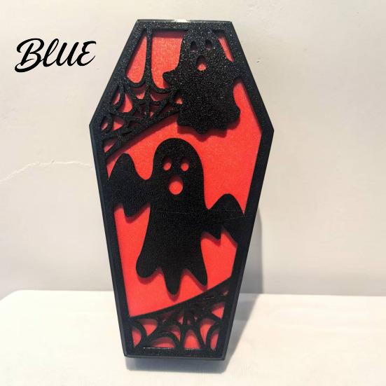 Solid Wood Halloween Craft Casket Decor DIY Bat Ghost Ornament with Lights 3D Wooden Decoration Spooky Graveyard Scene Prop for Party Home