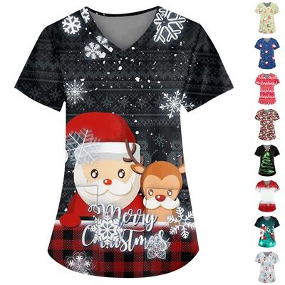 Women's Fashion V-neck Short Sleeve Workwear With Pockets Christmas Printed Tops