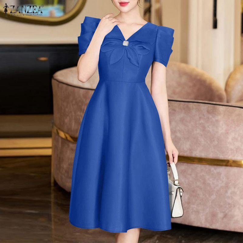 ZANZEA Women Casual V-Neck Summer Short Sleeve A-line Dress