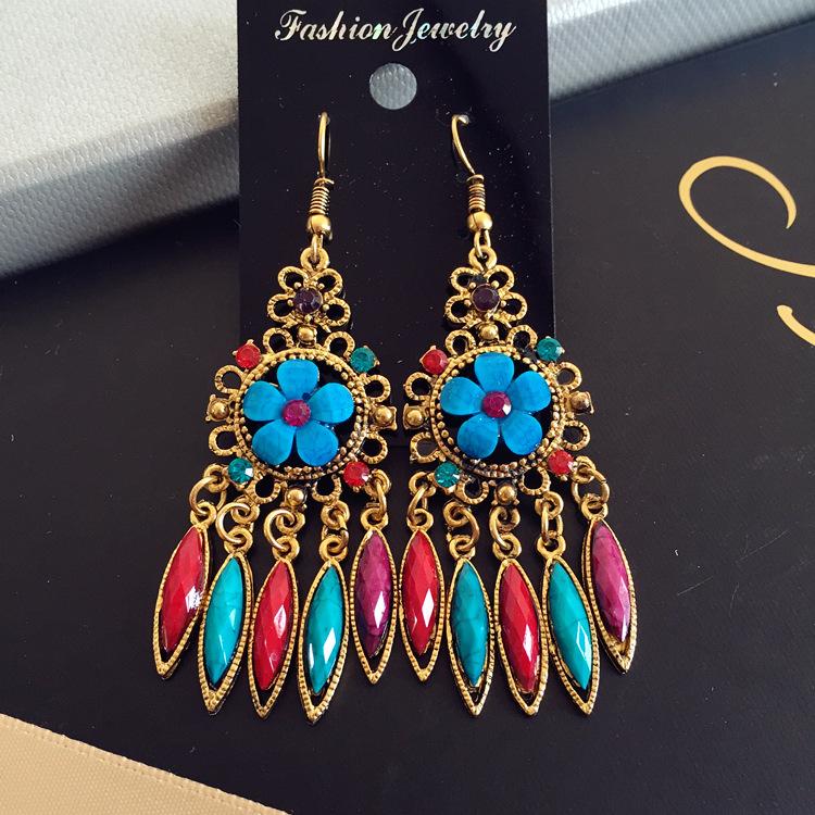 Vintage court gem set earrings long temperament bohemian earrings niche earrings women