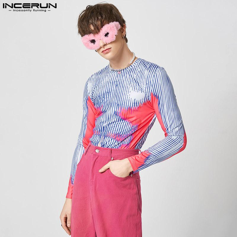 

INCERUN Весенние мужские облегающие топы с длинными рукавами и цветным принтом