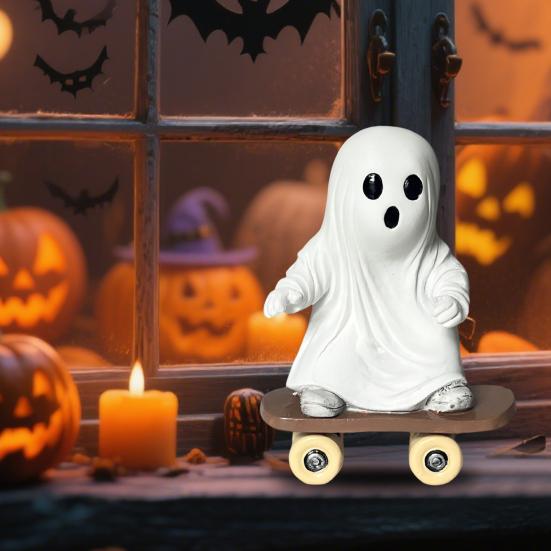 Halloween Skateboard Ghost Statue Cute Resin Ghost on A Skateboard Figurine for Tabletop Centerpiece Bookshelf Tiered Tray Decor