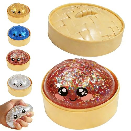 

Glitter Dumpling Squishy, New Bun Squeeze Stress Relief Ball with Steamer Box for Stress Relief (4 Pcs)