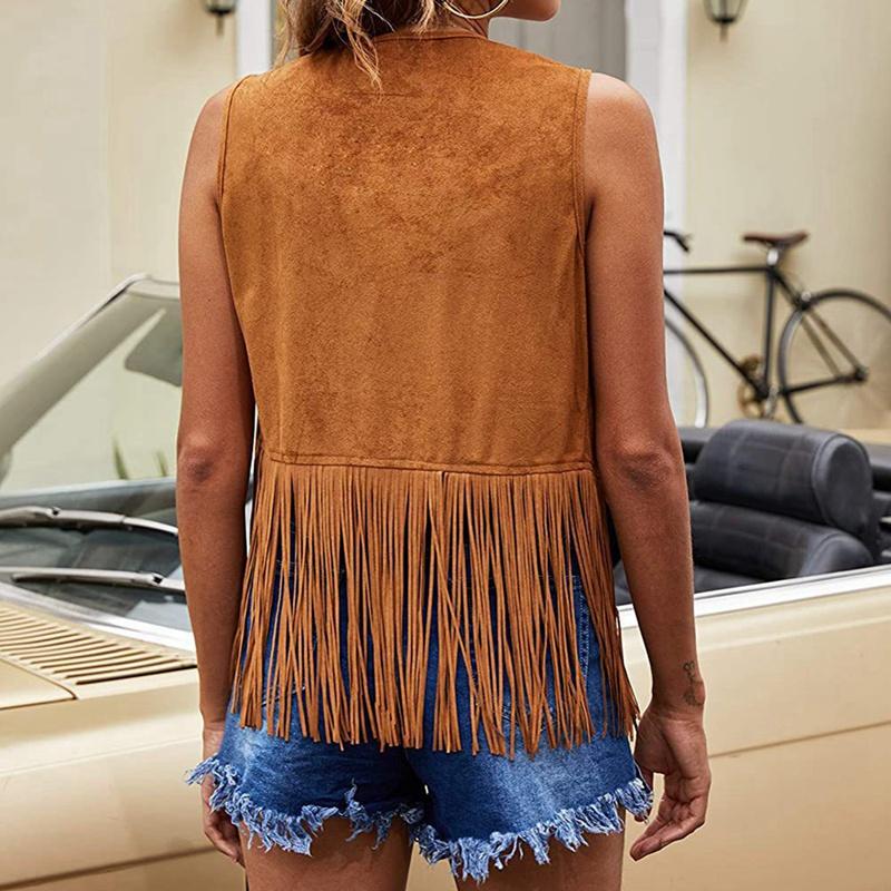 Women Sleeveless Fringed Jacket Buttonless Cardigan Vest