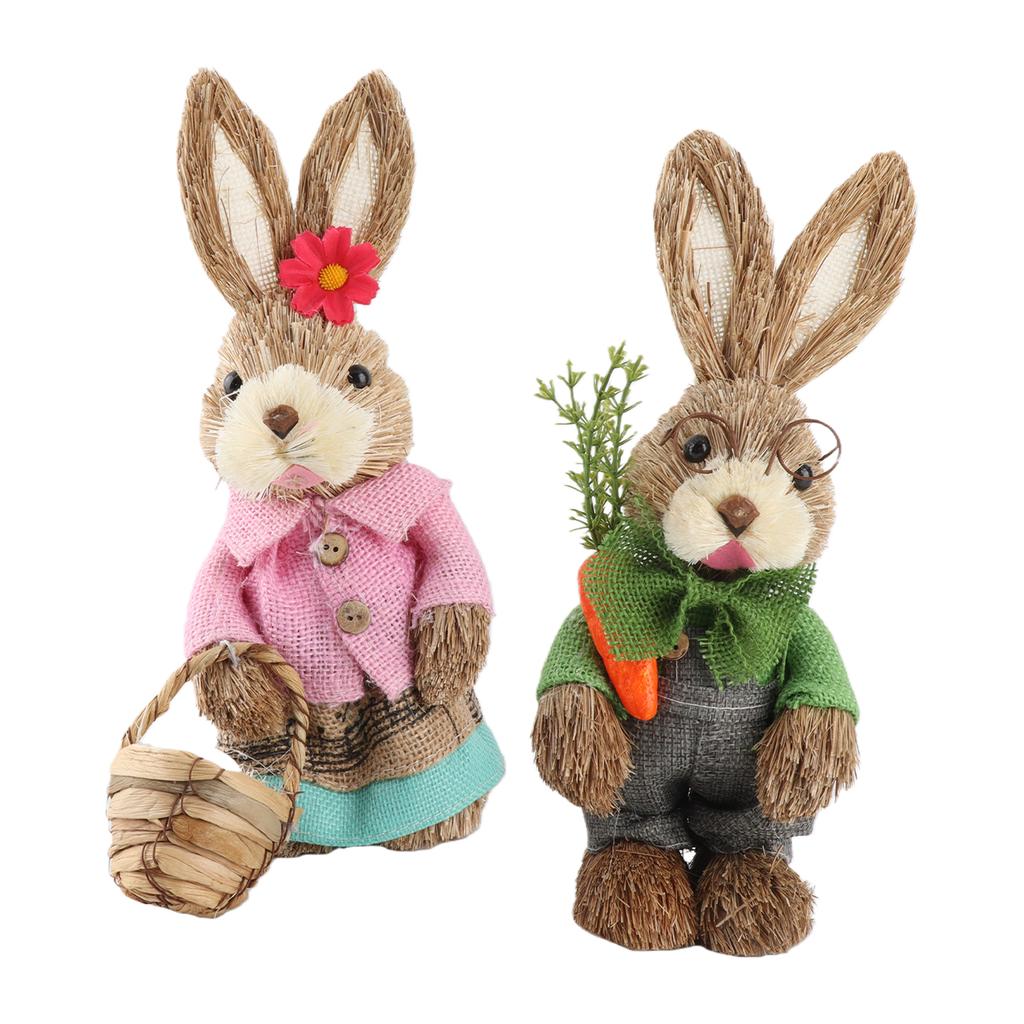 25CM Easter Standing Bunny Couple Figurines Handmade Straw Rabbit Statues for Home Table Garden Decor