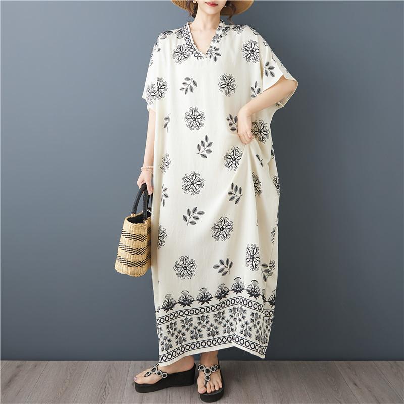 Short Sleeve Plus Size Cotton Vintage Floral New In Dresses for Women Casual Loose Long Summer Dress