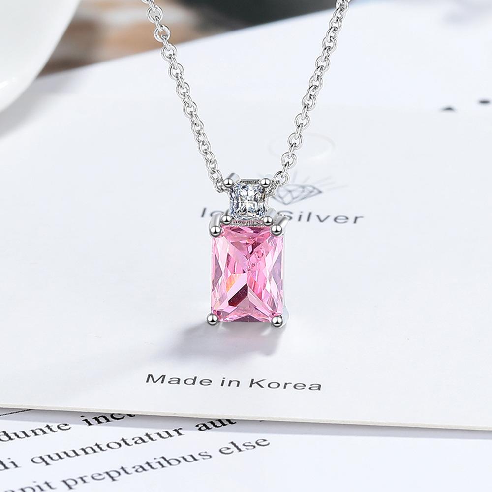 925 Sterling Silver Simple Multi-color Rectangular Zircon Pendant Necklace Anniversary Birthday Wedding Party Gift