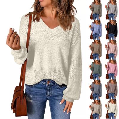 Fashion Sweater Women Autumn Solid Color Pullover Loose V Knitted Top