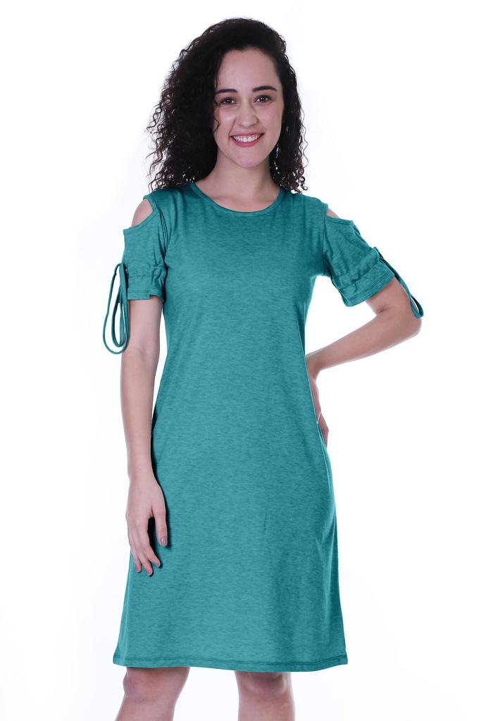Moomaya Cold Shoulder T-shirt Dress Round Neck Casual Knee Length Summer Dresses For