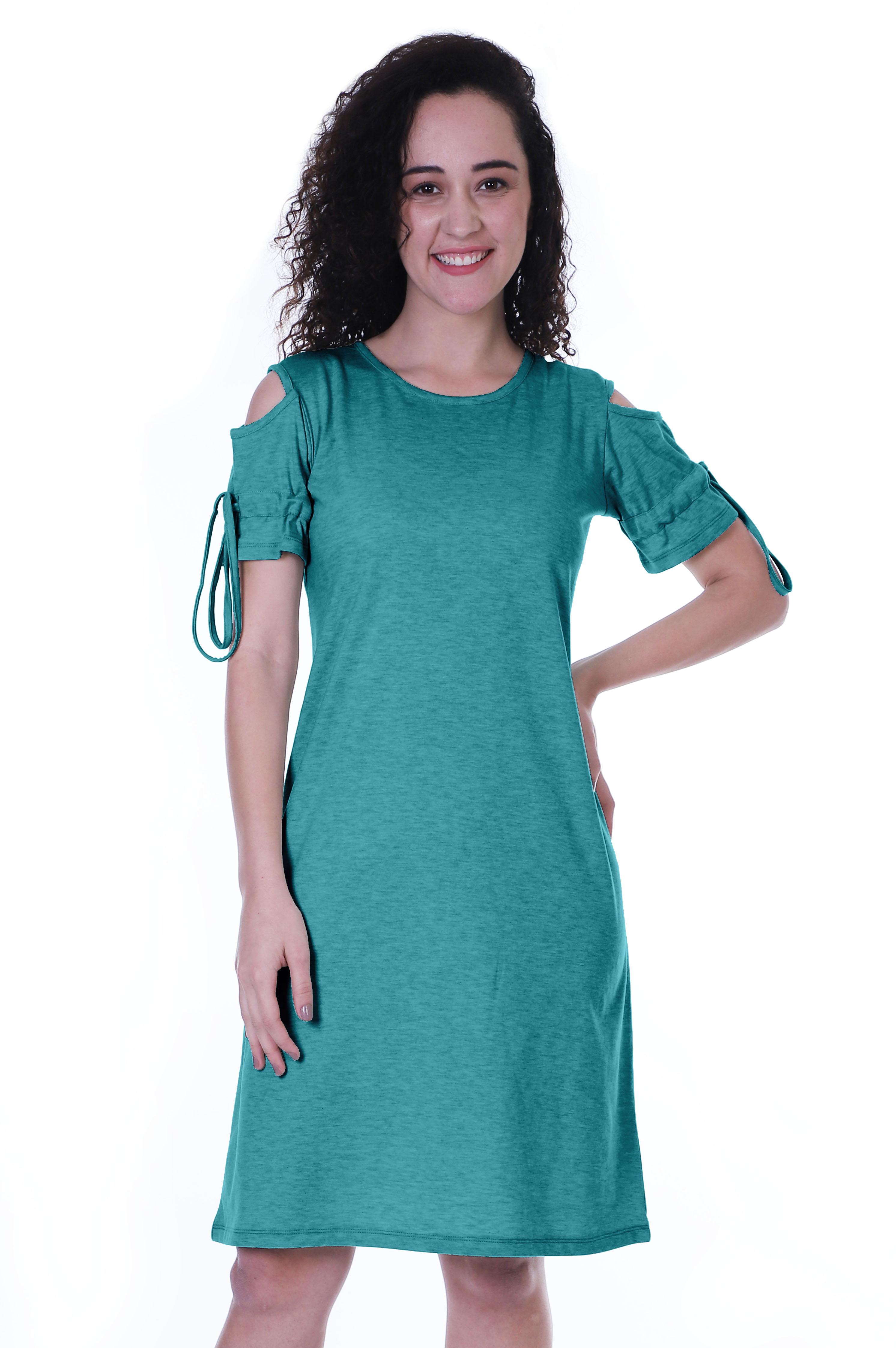 

Moomaya Cold Shoulder T-Shirt Dress Round Deck Повсякденні літні сукні довжиною до коліна для X-Small бірюзовий колір синій