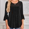 Women's Solid Color Seven Quarter Sleeved Shirt With Pleated Flared Sleeves And Round Neck Mesh Top