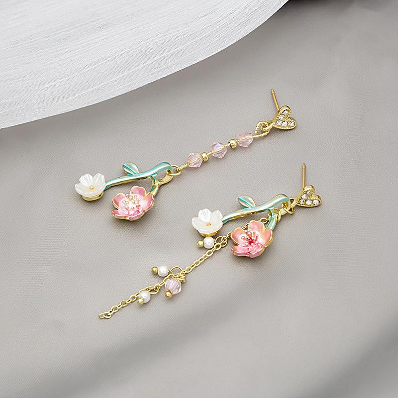 Asymmetrical Cherry Branch Flower Earrings, Small Fresh And Long Love Flower Tassel Earrings