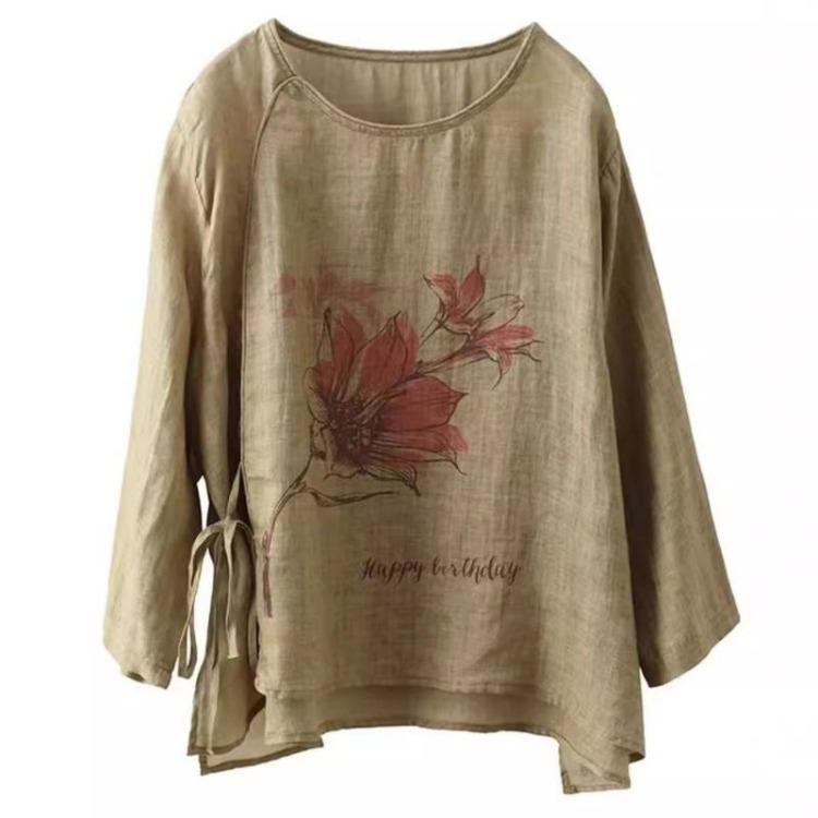 Vintage Floral Print Bandage Tops Women Blouses Chinese Style Seven Sleeve Spring Loose Shirts