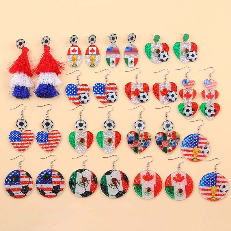 USA Canada Mexico World Cup Flag Element Earrings Tassel Heart Round Acrylic Earrings Dangle Jewelry for Women