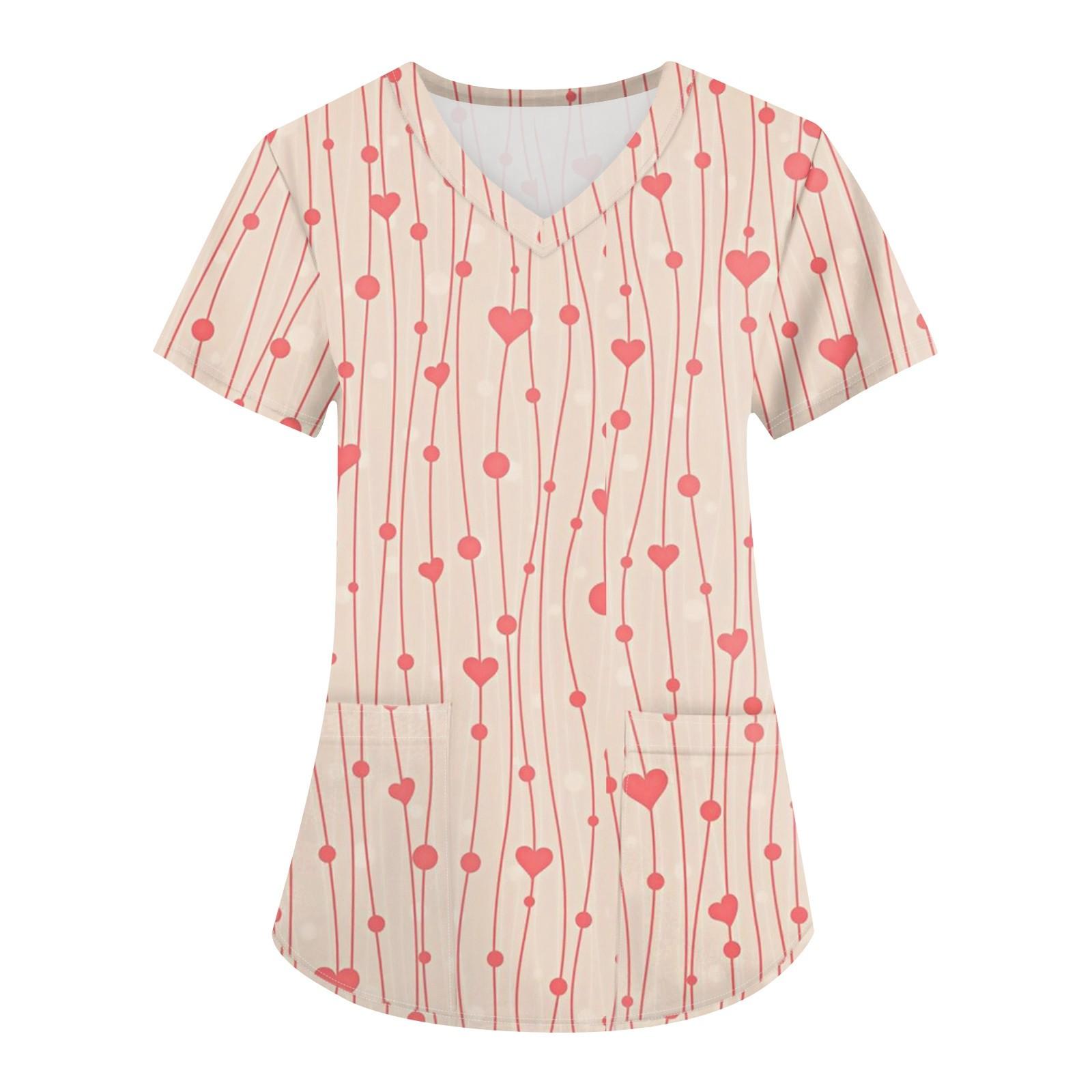 

Большие размеры, печатные рабочие униформы, топы для женщин, крестообразный V-образный вырез, День святого Валентина, принт, короткий рукав, забавные футболки, рабочая одежда, футболка с карманами XL арбуз красный