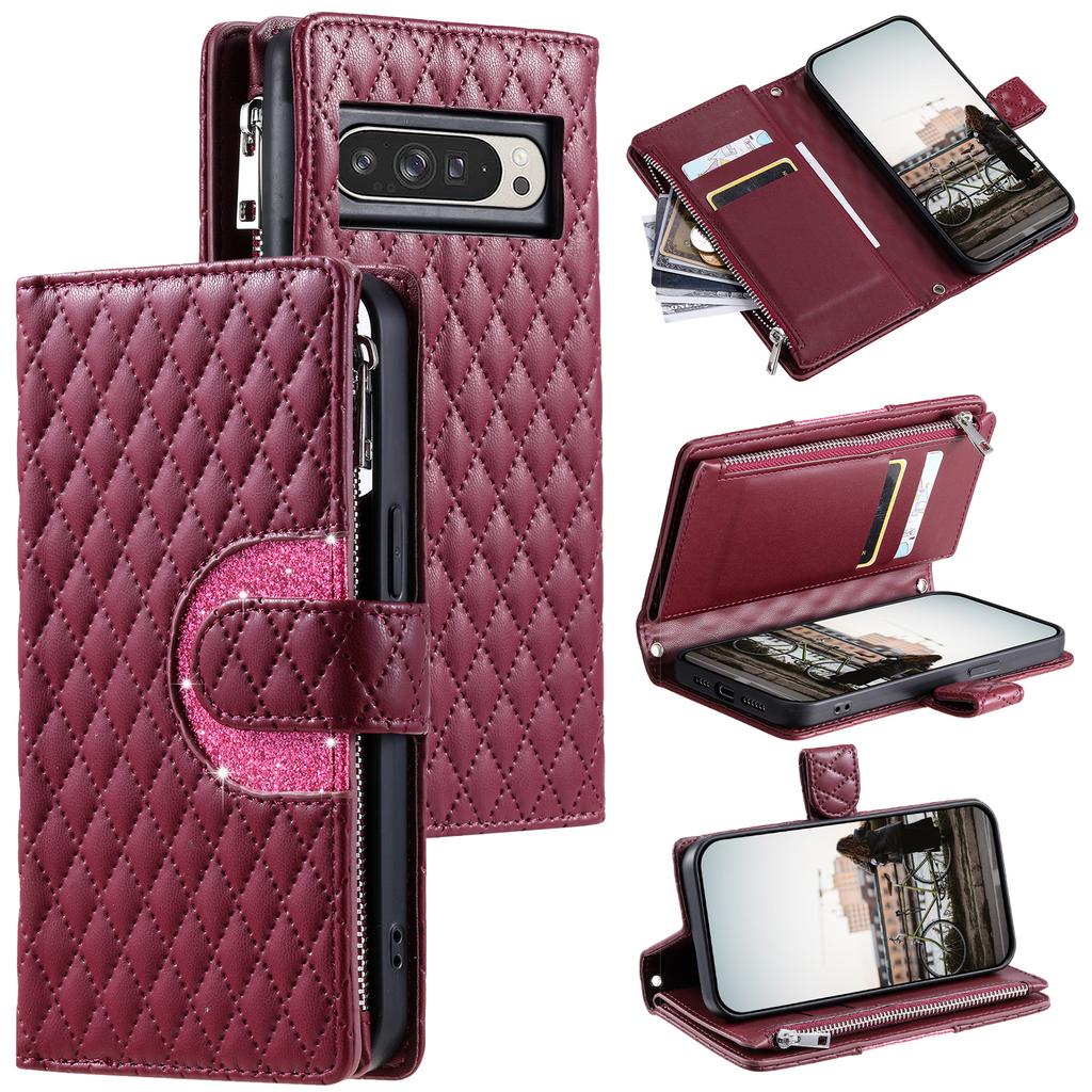 Style 012 for Google Pixel 9 Pro XL Case Zipper Wallet PU Leather Rhombus Grid Phone Cover