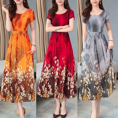 Women Fashion Summer Lady Elegant Short Sleeve Retro Printing Dress